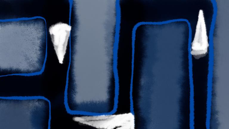 An illustration of blue rectangles and white triangles.