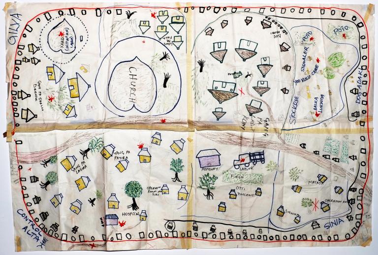 A coloured drawing of a camp that includes foliage, huts, pathways, and vehicles.