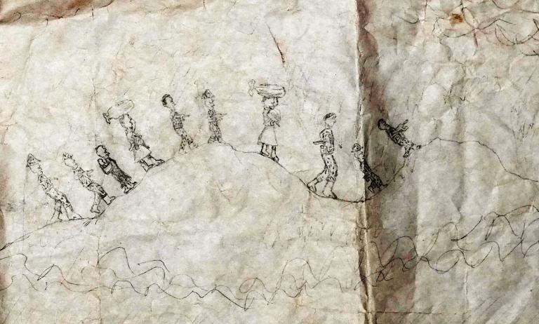 A drawing on weathered parchment of people walking on a hill carrying loads on their heads.