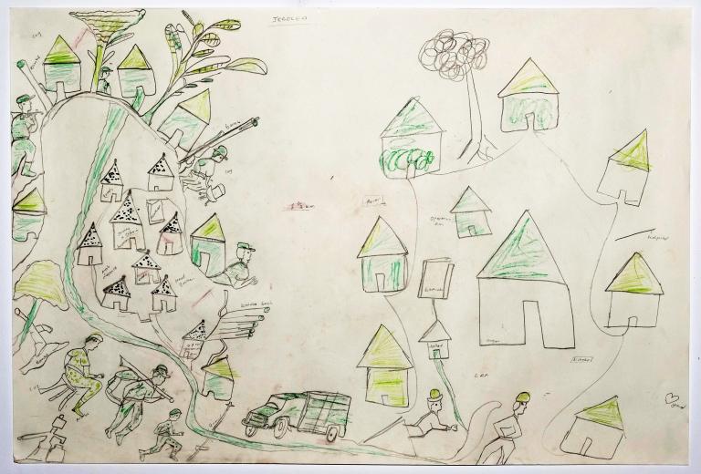 A green, yellow, and black drawing of a camp that includes foliage, huts, pathways, soldiers, and a truck.