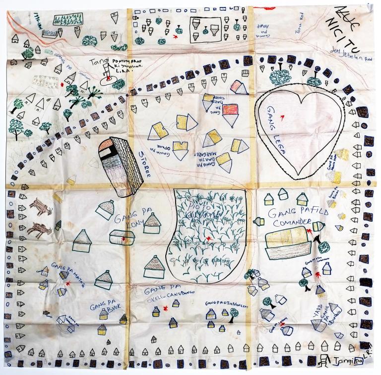 A coloured drawing of a camp that includes foliage, huts, and pathways. A large heart is seen close to the top of the drawing.