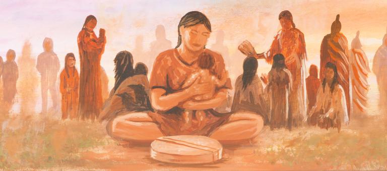 Painting representing Indigenous culture. In the centre of the frame a person sits cross-legged on the ground with a small child in their arms. A drum sits on the ground in front of them. Partially obscured.