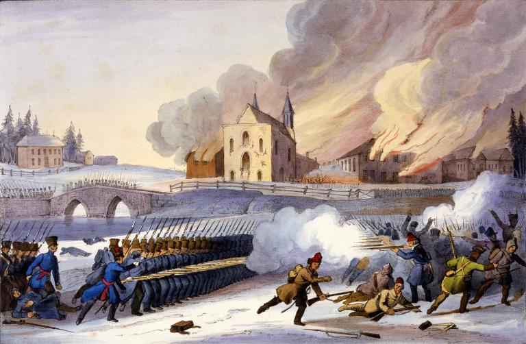 A painting of a battle. On the left, a line of soldiers are shooting at a disorganized group of rebels on the right, some of whom are running away. In the background, other soldiers are marching across a stone bridge and several buildings are on fire.