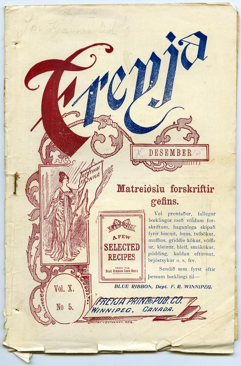 The cover of an issue of the magazine Freyja. The cover is features blue and red ink on white paper. The writing on the cover is mostly Icelandic, although there is also a small amount of English. On the left side of the cover there is a drawing of a woman holding a banner.