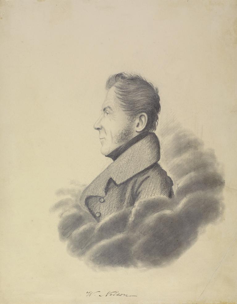 A head-and-shoulders profile drawing of Wolfred Nelson. He is wearing a coat with a large collar and has large sideburns. 