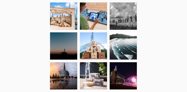 An image of the Museum’s Instagram account. A grid of nine different photos can be seen in the image. There are three pictures of the Museum’s exterior, three of the Museum’s interior, an aerial shot of two people walking along a boardwalk, a photo of an individual standing in a grassy field, and a photo of a hand holding a booklet with a picture of a woman on it.