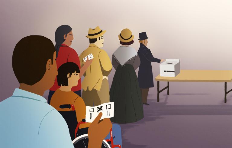 An illustration of people in line waiting to vote. The man in front places his ballot in the box on the table. Partially obscured.