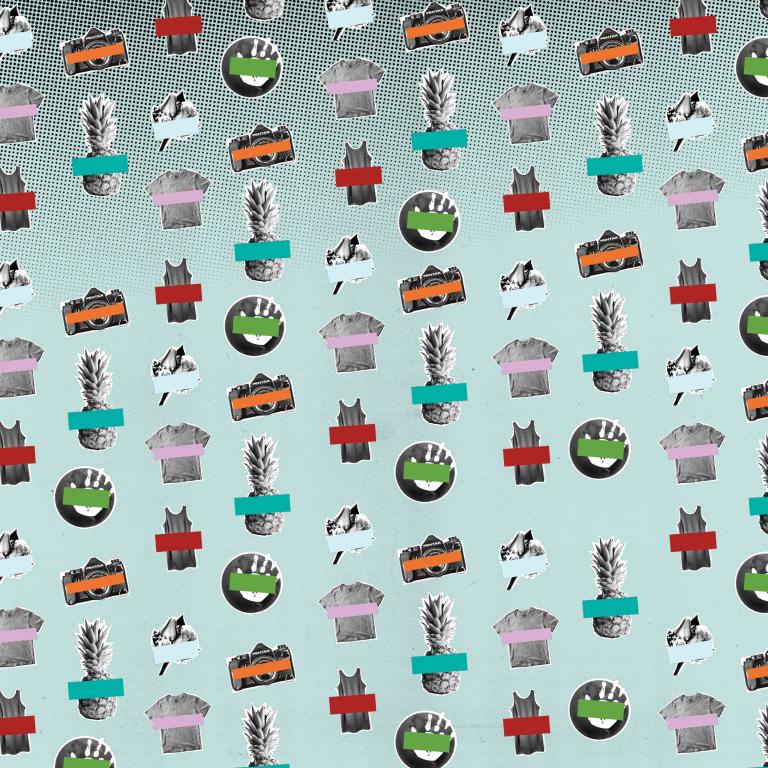 A pattern of pineapples, cameras, handprints, floral bouquets and shirts. Partially obscured.