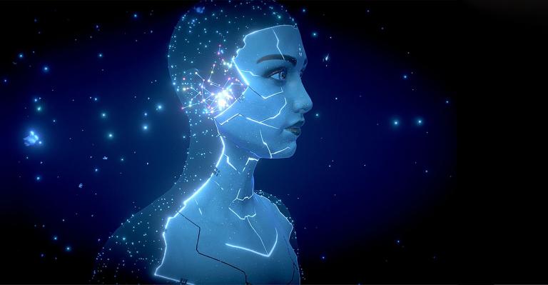 A digitized image of the blue head of a virtual woman. Partially obscured.