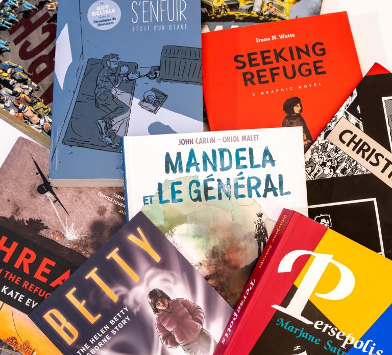 The covers of many graphic novels. Partially obscured.