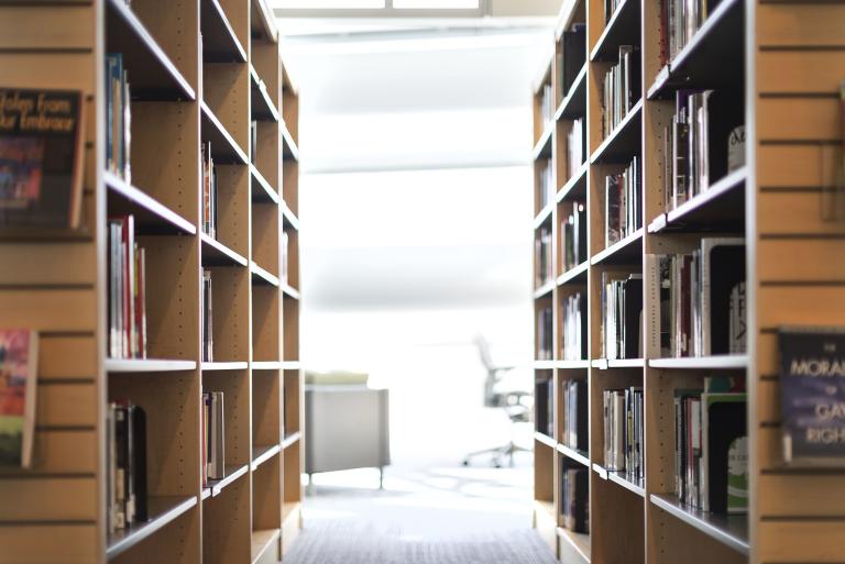 Brightly lit bookshelves. Partially obscured.