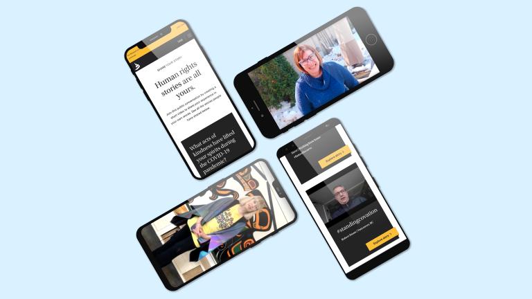Four mobile phones with screenshots of people sharing their stories. Partially obscured.