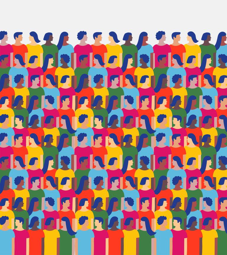 Graphic illustration of rows of people in colourful t-shirts looking at one another. Partially obscured.