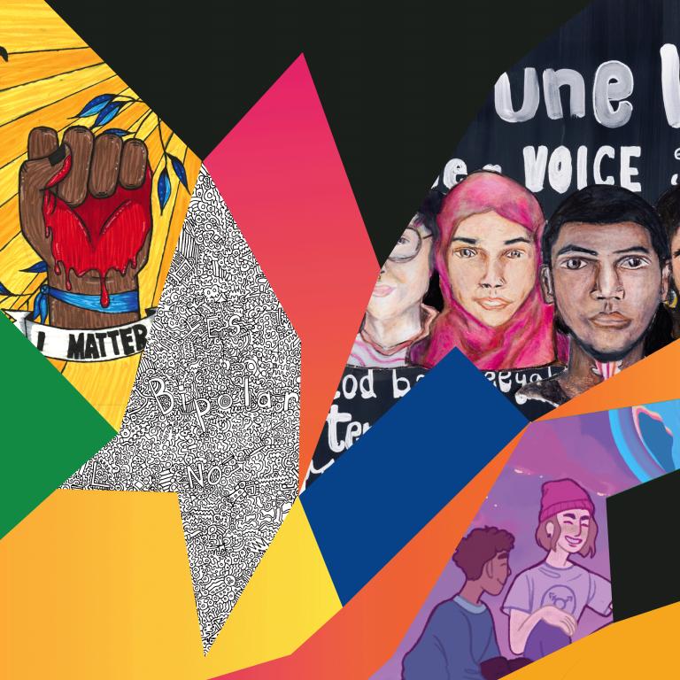  A colourful collage of artwork, including an image of a bloody, brown, clenched fist with text saying, “I matter,” images of diverse faces and a pattern of squiggly lines in which the words “Yes,” “No” and “Bipolar” appear. Partially obscured.