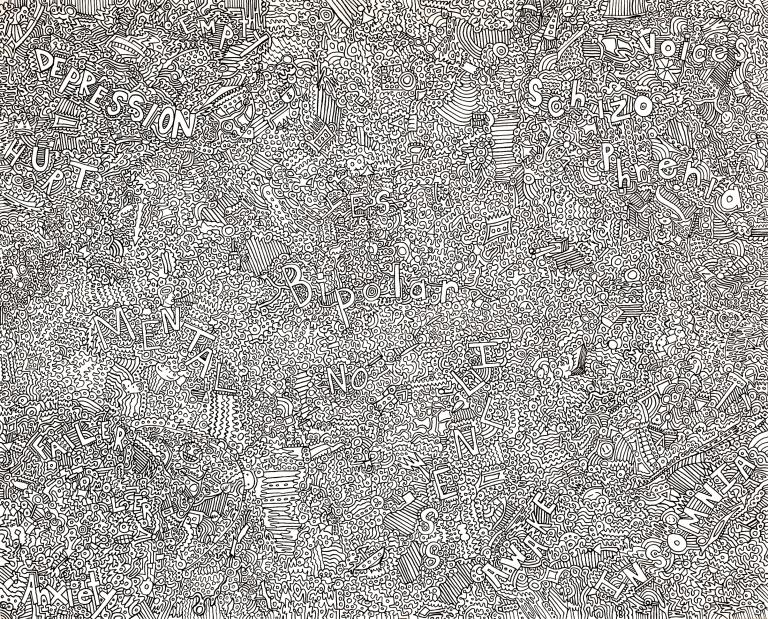 A highly detailed black-and-white drawing incorporates tiny lines, shapes and letters. Some of the letters spell words such as “Depression,” “Bipolar” and “Insomnia”. Partially obscured.