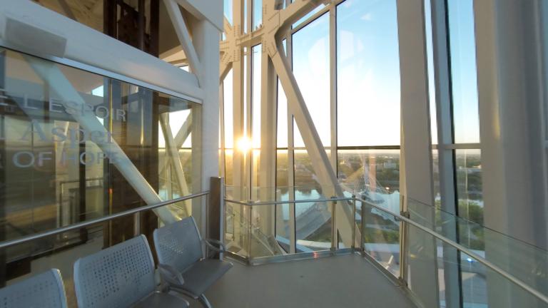 An interior shot the Museum's Israel Asper Tower of Hope. Partially obscured.