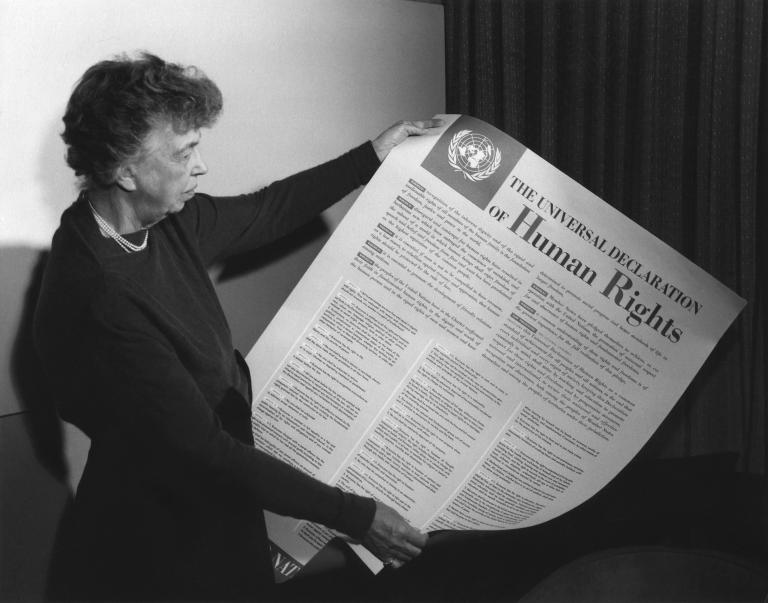 A person woman-presenting holds a large piece of paper covered with text and a large title reading "The Universal Declaration of Human Rights." Partially obscured.