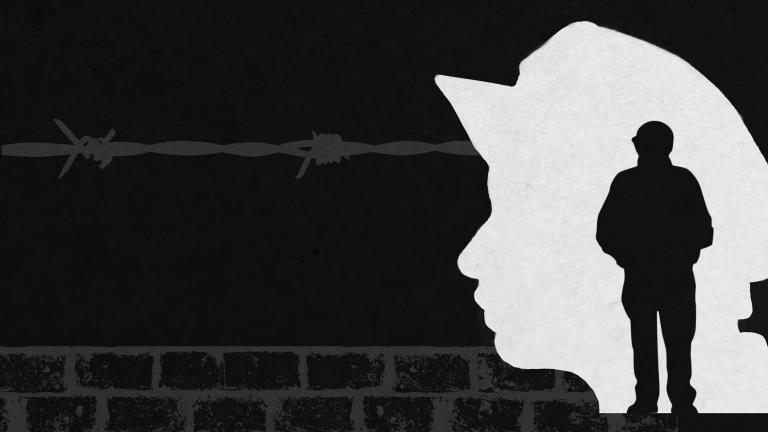The silhouette of a soldier is shown inside the outline of a child’s profile, with barbed wire and a wall in the background. Partially obscured.