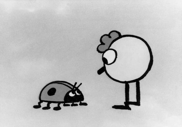 A black and white image of two cartoon figures looking at each other. One is a ladybug and the other is a circular figure with legs, large eyes and a tuft of hair atop its head.