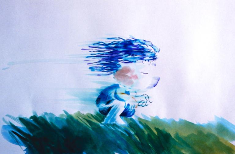Still from the NFB film <em>Wind</em>.A still image from an animated film. A small child with windswept blue hair is crouched in grass.
