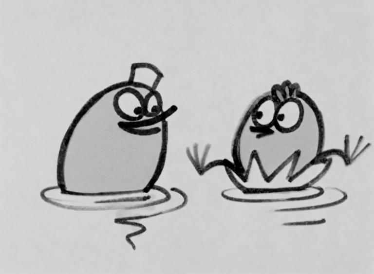 A black and white image of two egg-shaped cartoon figures looking at one another while sitting in shallow water. One figure wears a square hat, and the other sits draping his legs over the edge of a floating piece of a broken eggshell.