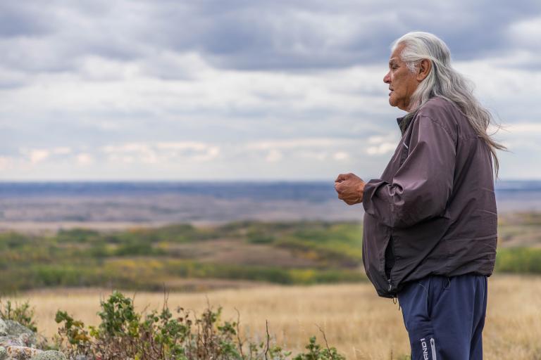 A person with long grey hair stands outdoors, with a rolling grassy landscape and cloudy sky in the distance. Partially obscured.