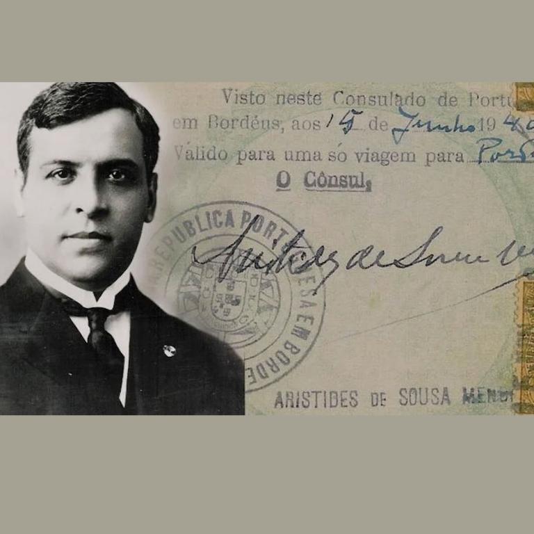 A black and white image of a man, Aristides de Sousa Mendes, superimposed over an old passport. Partially obscured.