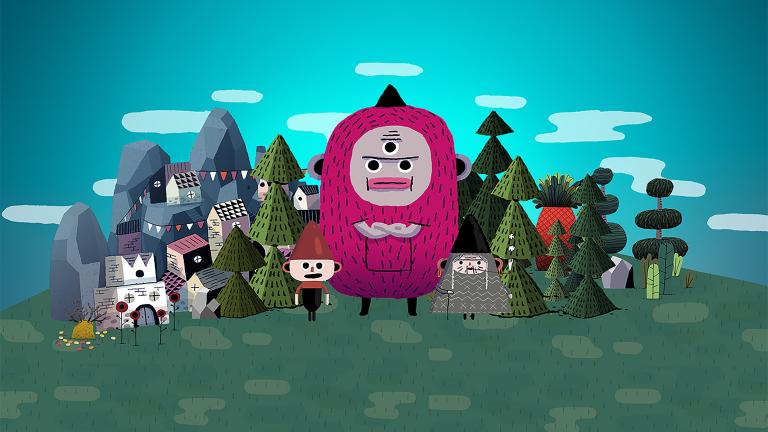 Cartoon drawing of a three-eyed pink monster and two human figures in front of a landscape of trees, buildings and mountains. Partially obscured.