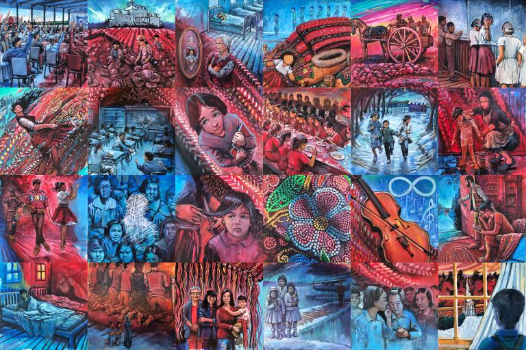 A graphic image of 24 mosaic tiles depicting Métis experiences in colonial schooling systems. Together the images show a red infinity symbol on a blue background. Partially obscured.
