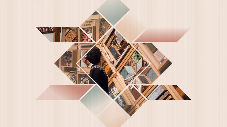 A person with curly hair, glasses and wearing a black top examines a large artwork consisting of objects set in cedar frames. The image has been broken into interlocking geometric shapes over a pale brown background with a slight wood grain texture. Partially obscured.