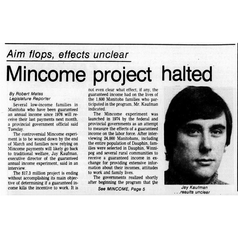 Un article de journal de 1979, titrant en anglais « Le projet Mincome interrompu » et « Échec de l’objectif, effets incertains ».