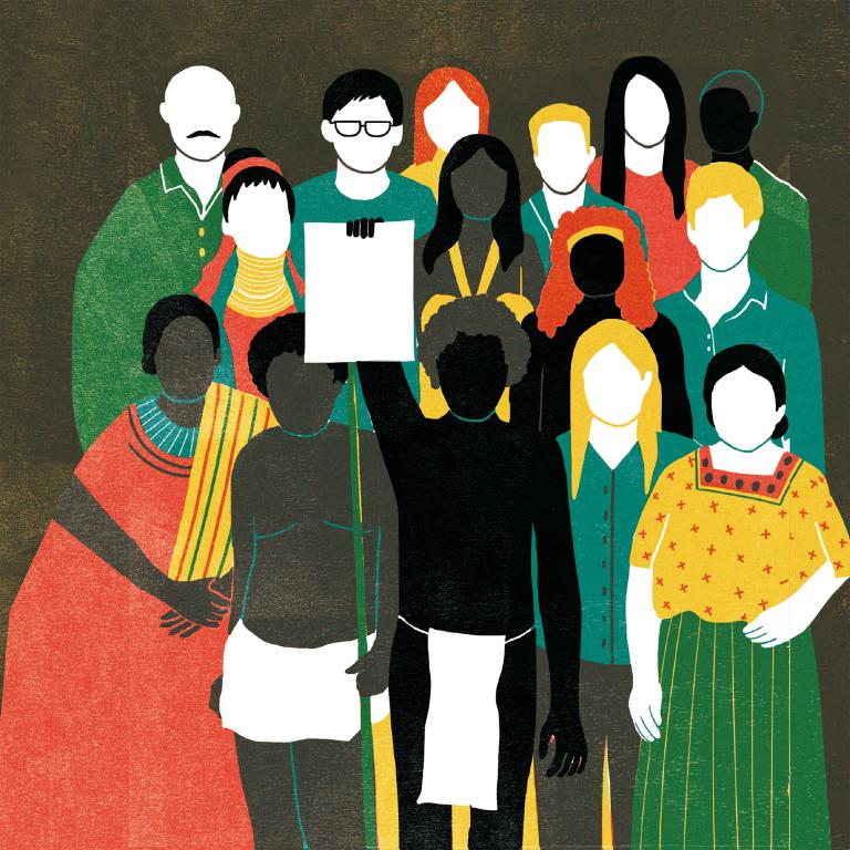 Drawing of a diverse group of people, one of whom holds up a blank page meant to symbolize the Declaration. Partially obscured.