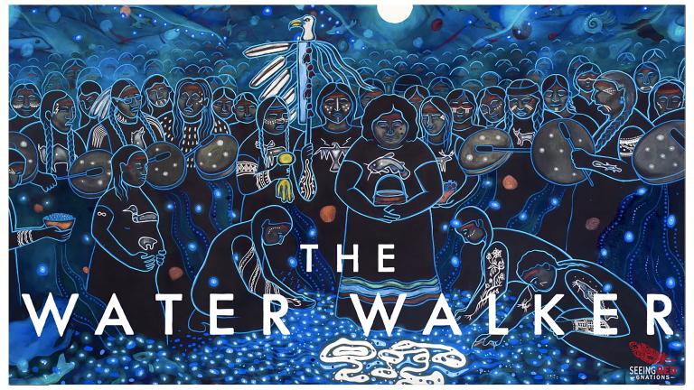 Artwork by Métis artist Christi Belcourt depicting figures gathered underwater surrounded by fish, otters and turtles. They are drumming, singing and praying for the water. Partially obscured.