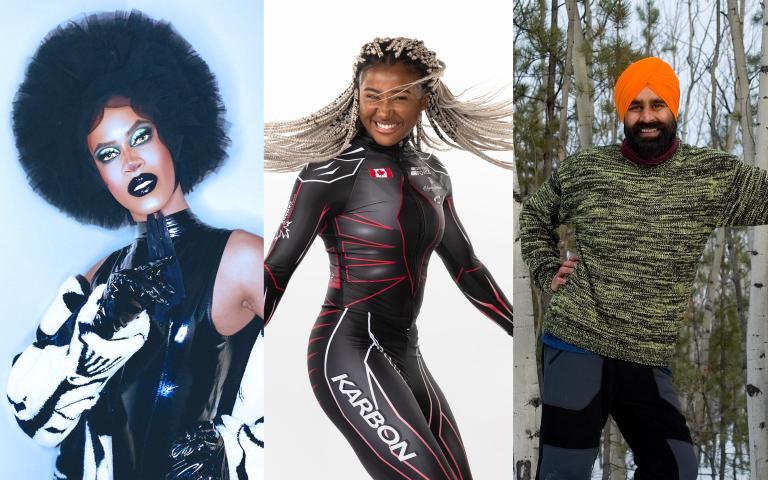 Photo on the left – A biracial man dressed in drag. He is wearing a black headpiece, black leather gloves, a black leather dress and and black and white sweater. Photo in the centre – a Black woman wearing black and red Athletic gear, jumping. She has blonde braids. Photo on the right – a Sikh-Canadian man, smiling, wearing a black and white striped sweater, blue and brown pants, boots, and an orange turban, in the snow in front of a cabin. Partially obscured.