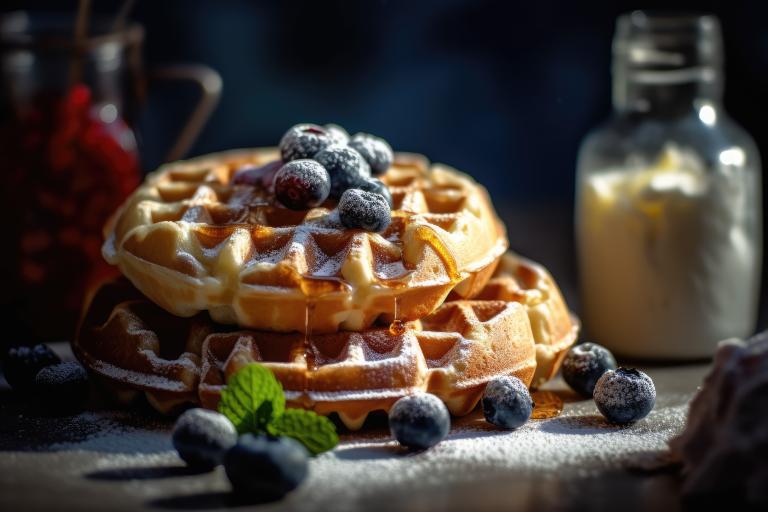 A stack of waffles topped with blueberries, maple syrup and powdered sugar. Partially obscured.