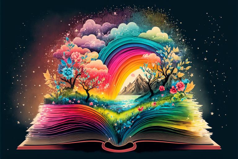 Colourful illustration of a book with rainbow-coloured pages that is open in the middle. There is a nature scene coming out of the book, which includes a rainbow, mountain, lake, trees, flowers and grass. Partially obscured.