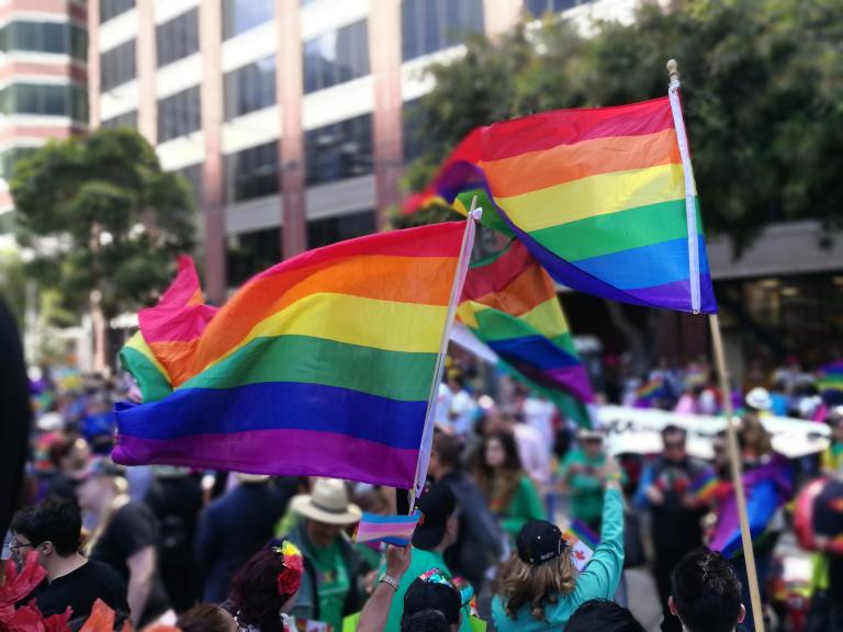 Two large Pride flags waving proudly in a large crowd. Partially obscured.