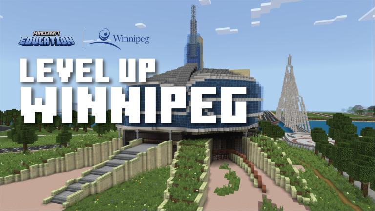 A graphic rendering of the exterior of the Museum with the text "Level Up Winnipeg" laid overtop. Partially obscured.