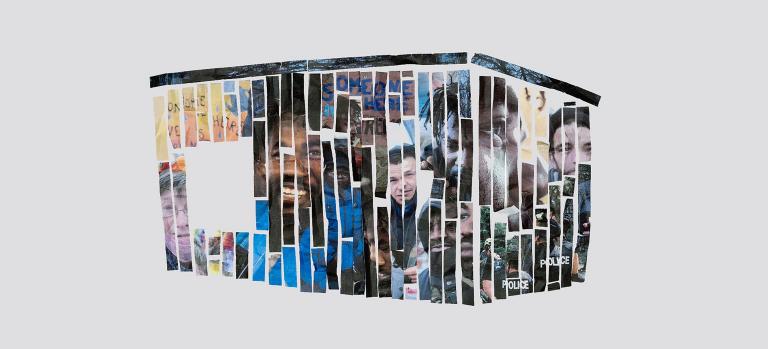 A drawing of a wooden shelter is covered in strips that comprise human faces. Partially obscured.