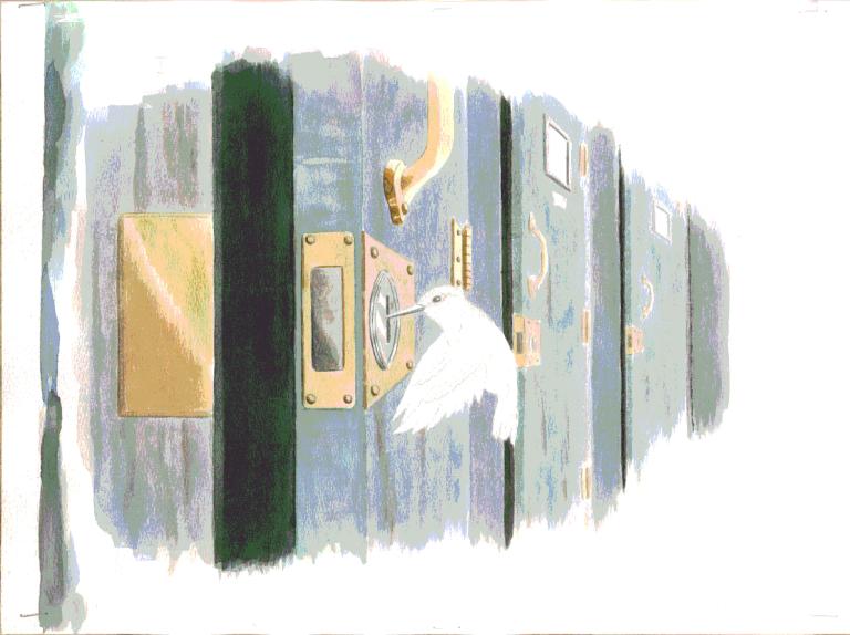 An simple illustration of a white hummingbird picking the lock of a door and opening it. The door is in a row of doors. Partially obscured.