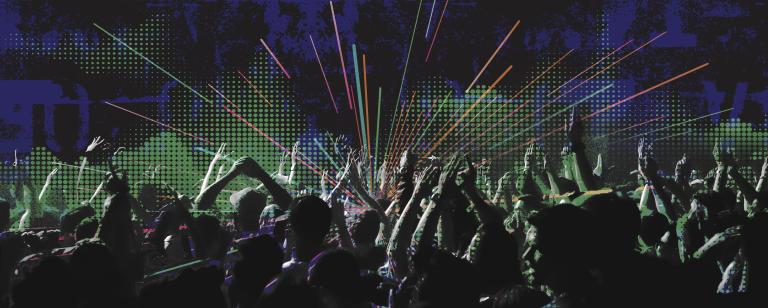 A digital illustration showing a crowd clapping and raising their hands. The background shows a pixelated green soundwave shape and blue and black graffiti-like designs with neon-coloured diagonal lines radiating out from the center. Partially obscured.
