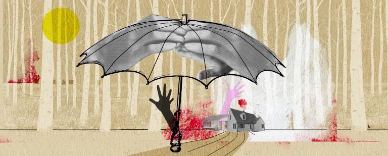 A digital collage with a large drawing of an umbrella overlaid with images of large overlapping hands. Below it, two hands (one black, one pink) reach up and away from a stylized road leading to a distant house partially overlaid with a pixelated, cloudy stain of red colour. In the background is an image of a forest of white tree trunks and a faint yellow sun. Partially obscured.