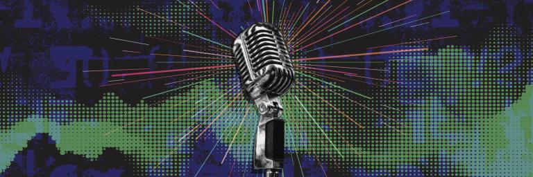 An antique chrome-plated microphone in the centre of the image is encircled by multicoloured rays over a mottled blue and green background. Partially obscured.