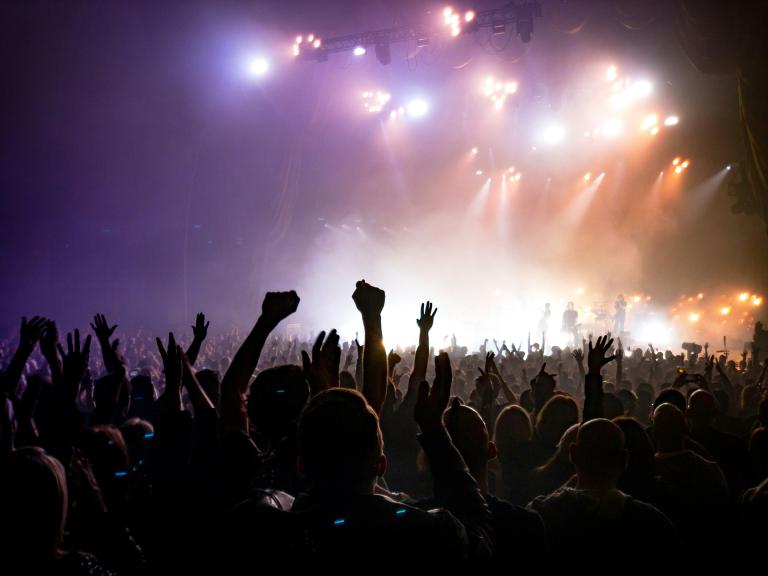 Concert-goers raise their hands in collective jubilation as a band plays on a brightly lit stage. Partially obscured.