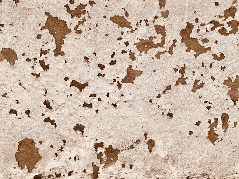 White paint peeling off a brown wall. Partially obscured.