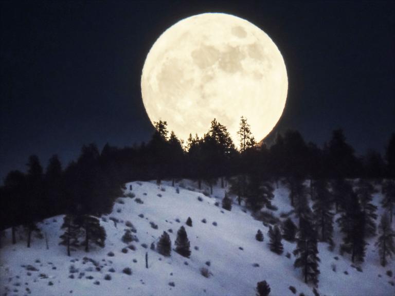 The large full moon rises over a snowy hill covered in pine trees. Partially obscured.