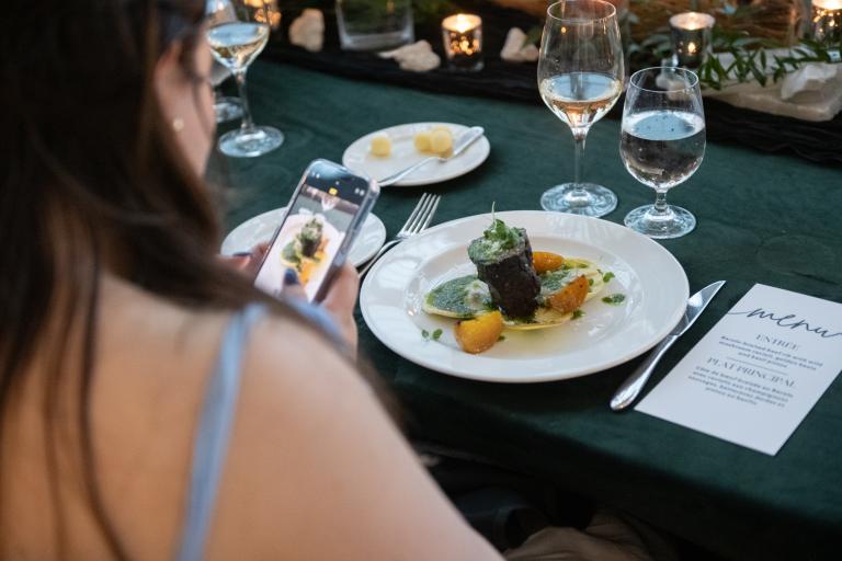 A woman with light skin and long, dark brown hair is using her cell phone to take a photo of a plate of gourmet food on a table. Partially obscured.