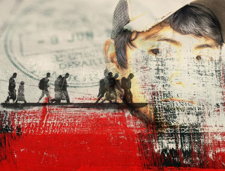 A young man with dark hair and a cap, whose head is turned to the right as if to check behind him is superimposed over a painting of adults and children walking along a darkened path with luggage. Partially obscured.