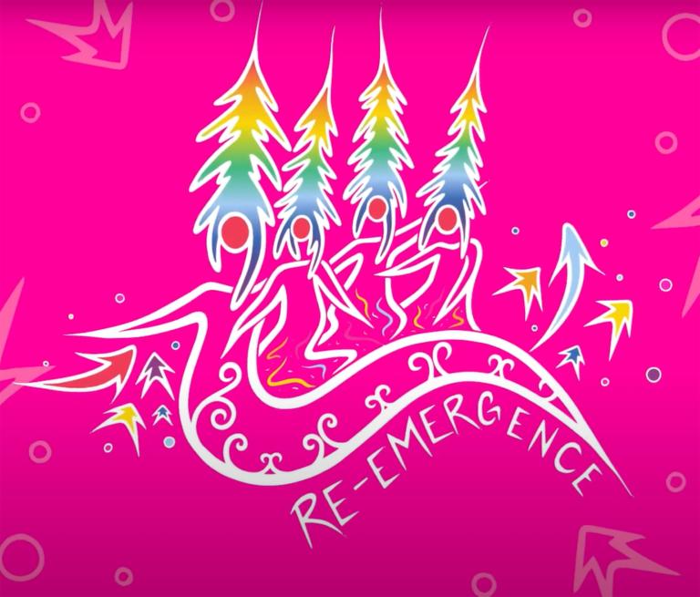 An artistic drawing of four narrow, multicoloured evergreens that flow into fluid line drawings of humans. Partially obscured.