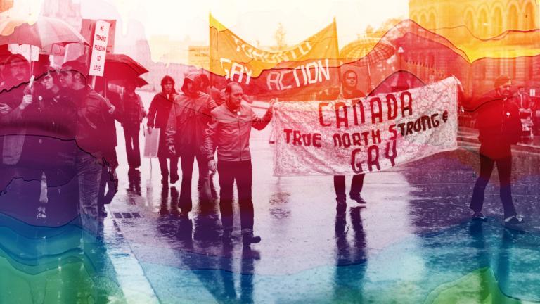 Monochromatic image in rainbow colours of a gay rights protest in Ottawa. Partially obscured.